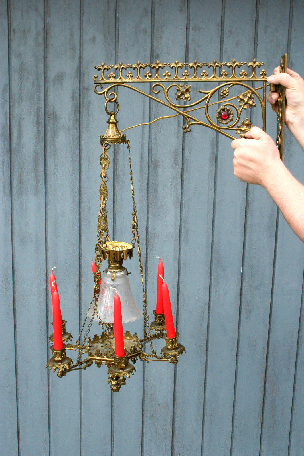 Antique Neo-Gothic Church Religious bronze French chandelier candleholder 1920