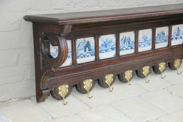 Huge Antique oak wood carved wall coat rack delft pottery tiles 1920s