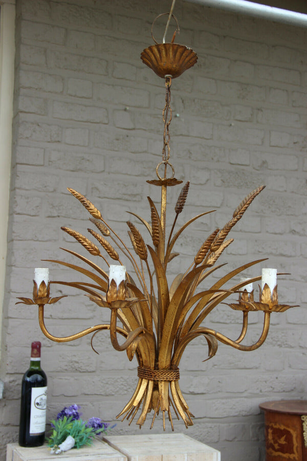 Vintage Florentine metal golt gilt 1970 Wheat sheaf bouquet chandelier lamp