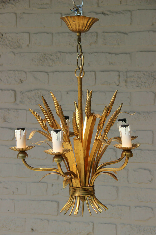 Hollywood regency mid century wheat corn leaf chandelier pendant  5 arms 1970