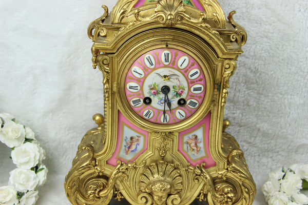 Antique French Mantel clock pink sevres porcelain plaques putti bird floral
