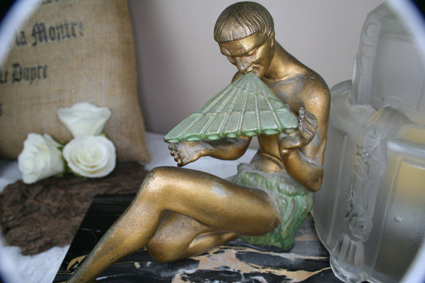 Rare Limousin signed ART Deco 1930 spelter bronze marble base lamp statue music