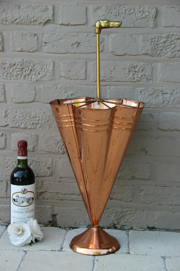 Vintage French umbrella stand holder Copper metal Dog head 1970