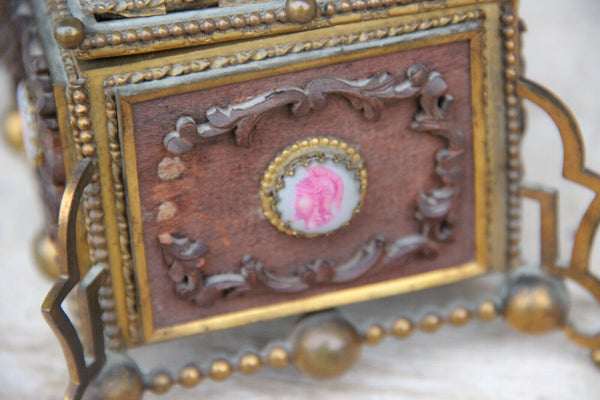 Vintage French Wood carved brass box knight medaillons plaques