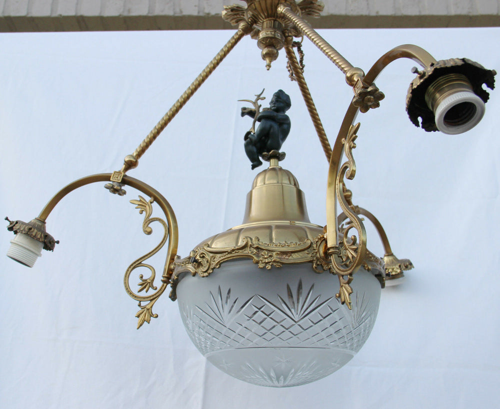 Gorgeous French vintage Brass putti figural Chandelier pendant crystal coupe VSL