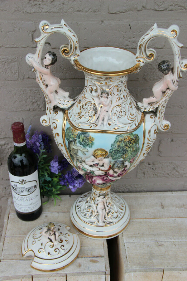 Huge Rare italian capodimonte marked porcelain Vase putti nymph scene