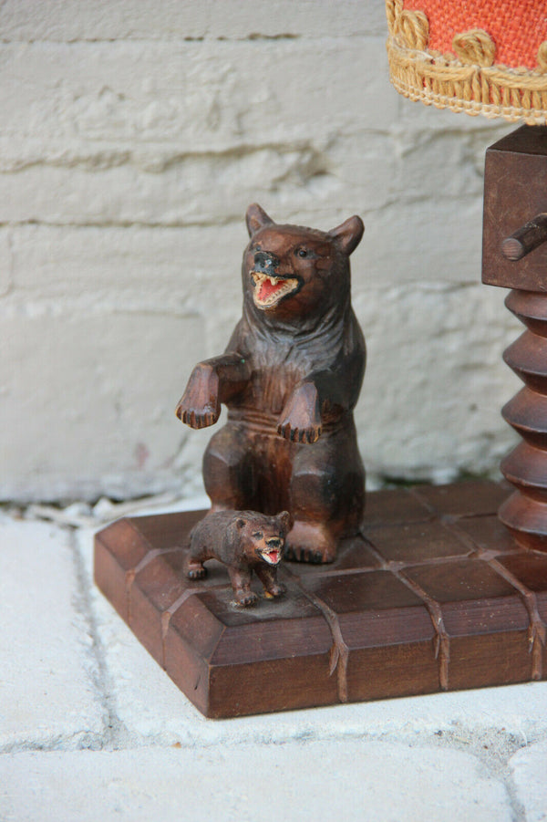 Antique black Forest Wood carved Bear mom Baby Table lamp German 1920s