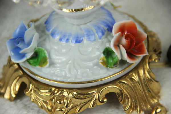 Vintage French crystal glass cut lamp porcelain flowers lamp