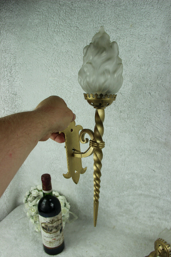 PAIR French cast iron gothic castle Flame shade sconces Wall lights 1950
