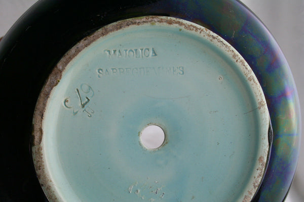 PAIR French Sarreguemis mark barbotine pottery planter with escutcheons