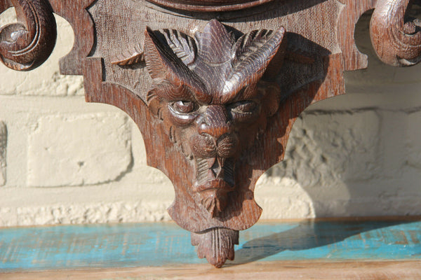 Gothic Dragon Black forest wood carved wall clock devil head rare