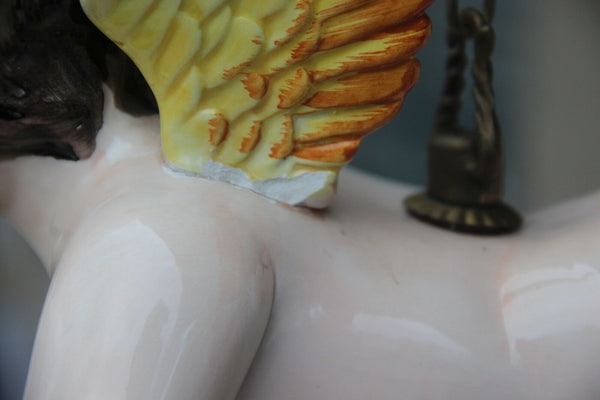 Rare Cute vintage faience Angel putti hang planter jardiniere 1960 Floral roses