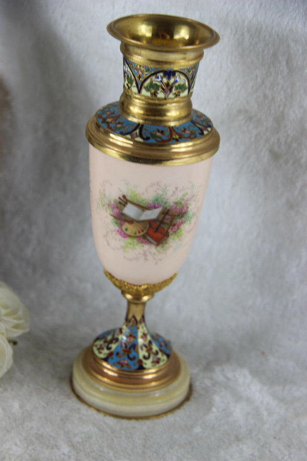 Rare French 19thc Enamel Cloisonne Onyx porcelain putti Vase top piece
