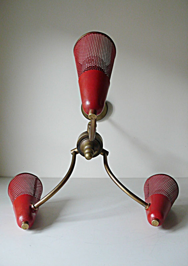 Mid century Retro perforated Metal red 3 arm MATEGOT Design chandelier