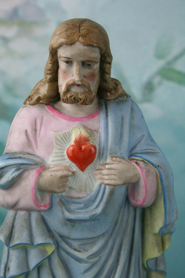 Antique Holy Sacred heart Jesus Biscuit porcelain French  polychrome colours