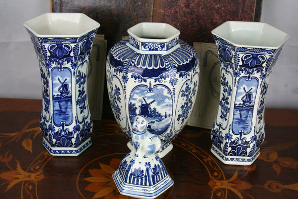 SET Blue - white pottery Delft Mills Landscape Vases set marked made by BOCH