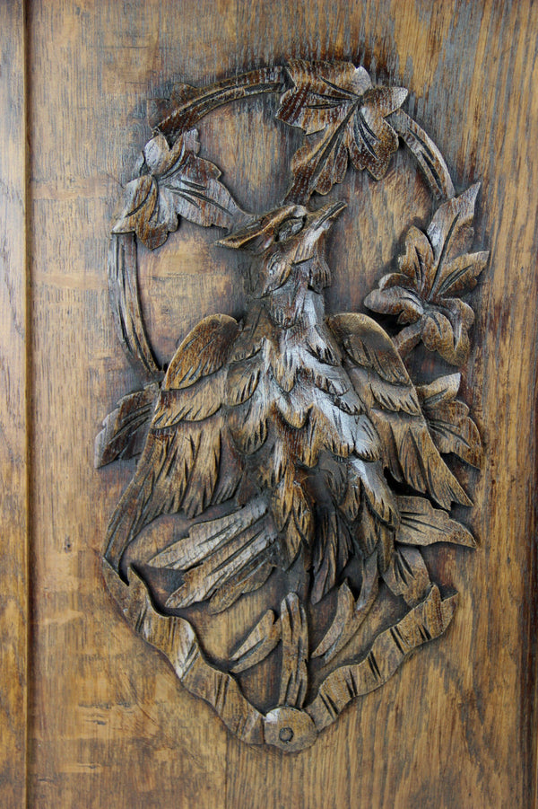 OLD german black forest oak wood carved wall plaque hunt bird panel
