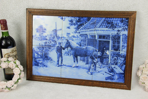 Vintage DELFT blue white pottery tiles panel plaque frame farrier horses