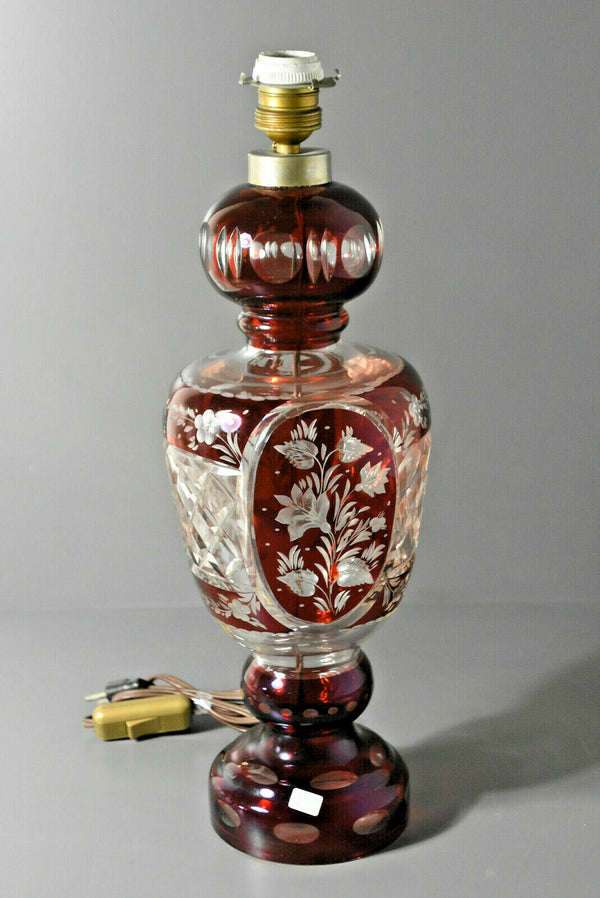 Bohemian Czech ruby red cut crystal glass floral lamp 1950