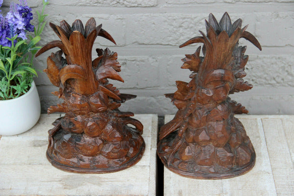 PAIR antique Black forest wood carved partridge birds statue figurines