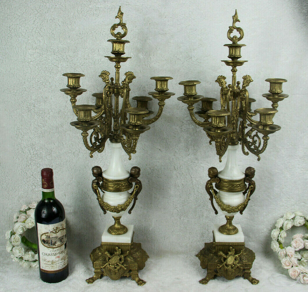 XL PAIR Bronze white marble putti angel Candelabras candlesticks candle holder