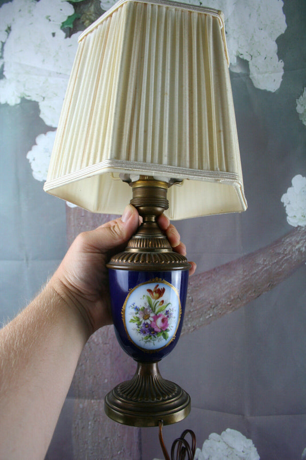 Antique French  porcelain Table lamp romantic victorian scene flowers