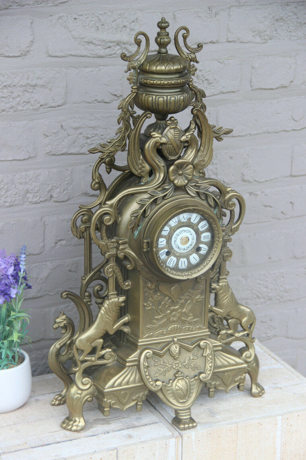 HUGE XL Bronze French antique Castle gothic lion dragon mantel clock