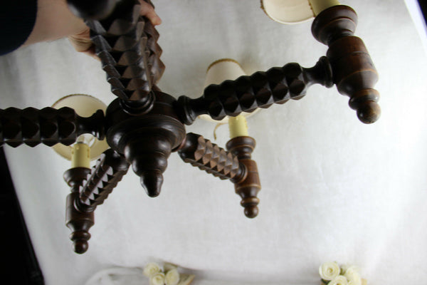 French art deco Wood carved 5 arms chandelier barley twist geometric design rare