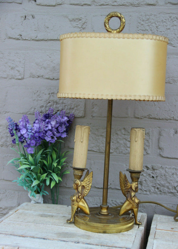 Antique French Bouillotte Empire bronze sphinx Caryatid table lamp