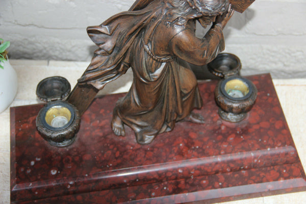 Antique French spelter bronze marble base Jesus christ cross statue inkwell