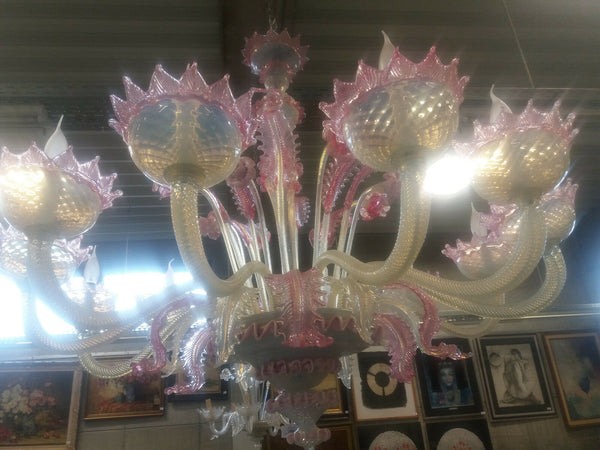 XXL Majestical 12 ARMS murano Venetian pink glass hand blown Chandelier 1960's