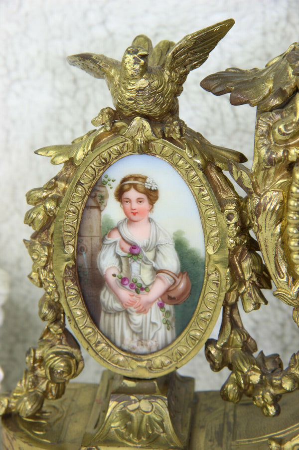 Antique 1850 SEVRES porcelain portrait medaillon lady birds clock