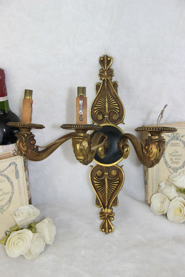 LArge  Antique french Empire Fish dolphin 3 arms wall light sconce 1930