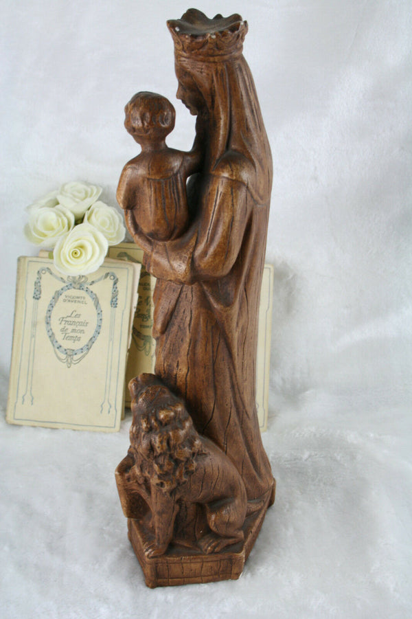 Antique Flanders plaster chalkware Virgin Mary Child lion Religious