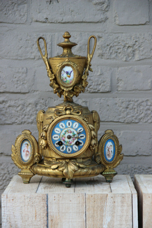 Antique french Spelter bronze porcelain sevres putti medaillon clock