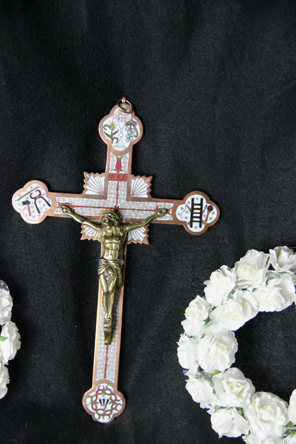 French vintage Cloisonne enamel Copper crucifix cross religious