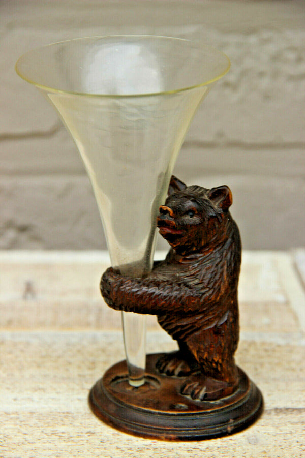 Antique hand Black forest wood carved swiss bear statue glass figurine