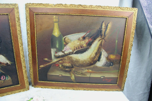 PAIR antique French 19thc Oil canvas Stil life hunting hunt rabbit bird