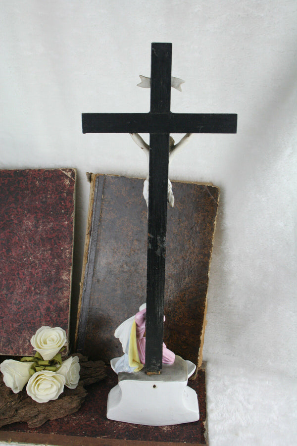 French Antique Crucifix holy water font vieux andenne porcelain 19thc