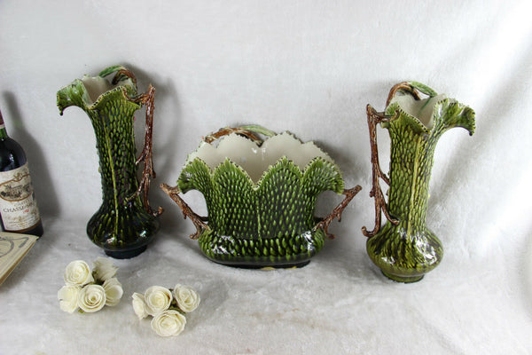 Huge Antique 1900 art nouveau barbotine MAjolica Vases planter set relief floral