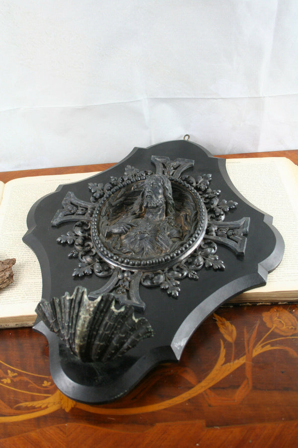 French XL Antique Holy water font spelter Jesus christ French 19th c wood plaque