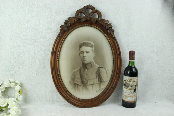 Antique Belgian Wood carved frame officer army soldier WW1 14-18 photo signed