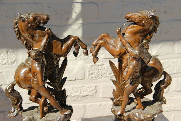 PAIR antique spelter Bronze patina marly horses by Coustou wood base