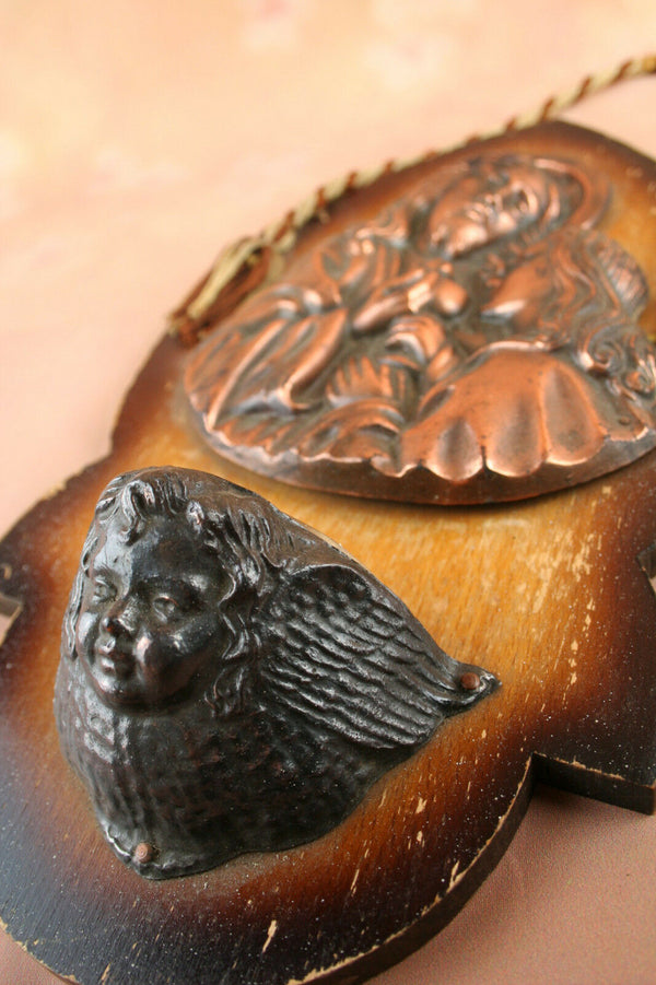 Flemish Belgian Holy water font vessel benitier wood metal glass christ