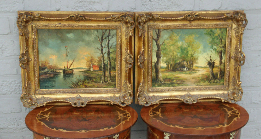 Pair flemish oil cardboard landscape maritime boat scene painting signed