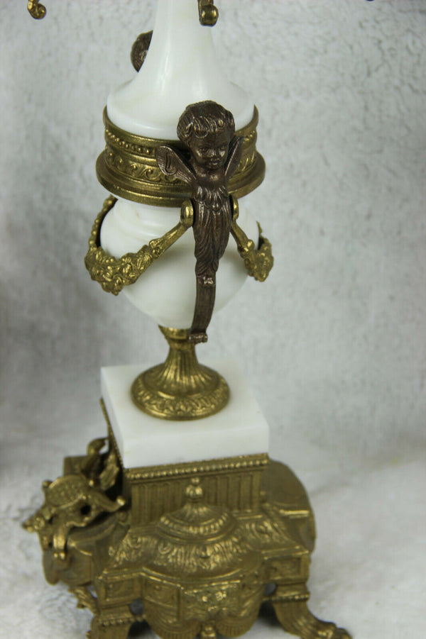 XL PAIR Bronze white marble putti angel Candelabras candlesticks candle holder