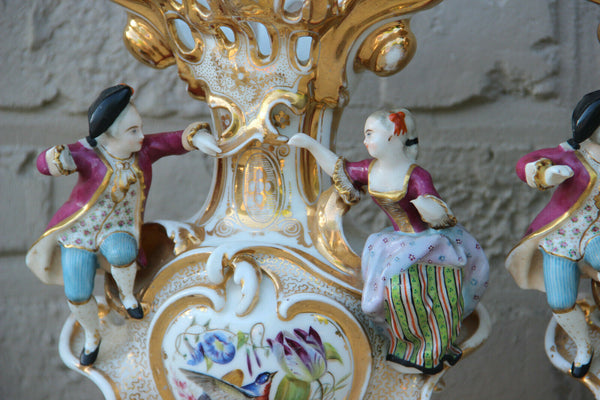 PAIR XL French vieux paris porcelain vases figurines birds floral Attr. petit