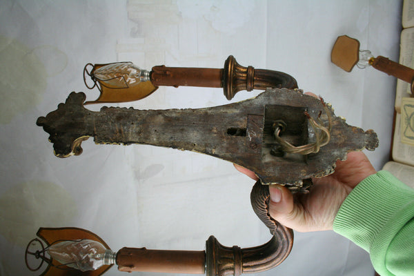 PAIR exclusive French wood carved Wall sconces lights 1900