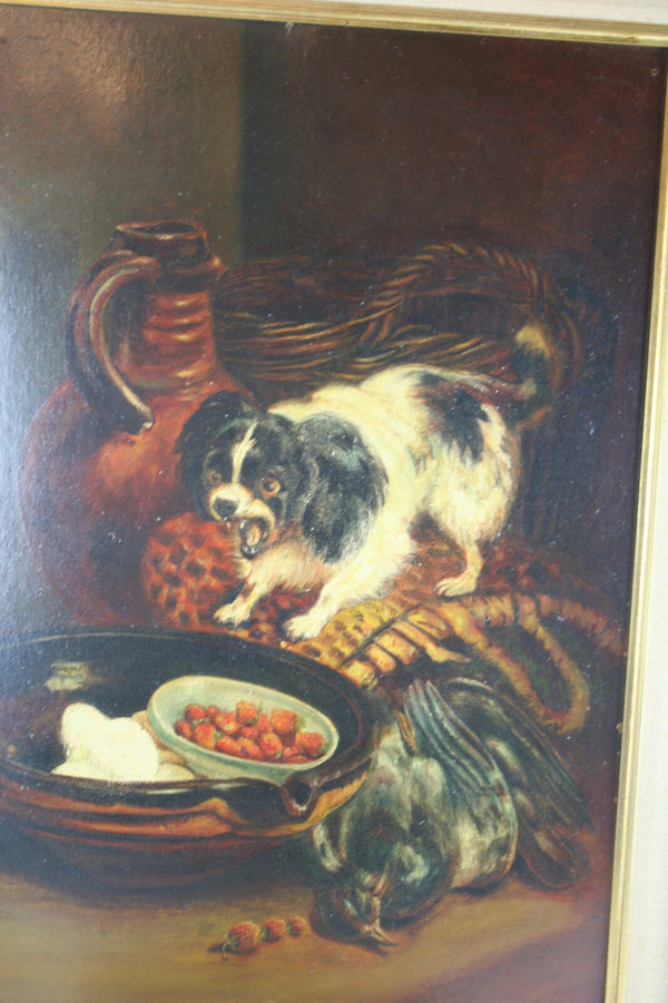 Dutch 60's  Oil on cardboard painting dog still life signed