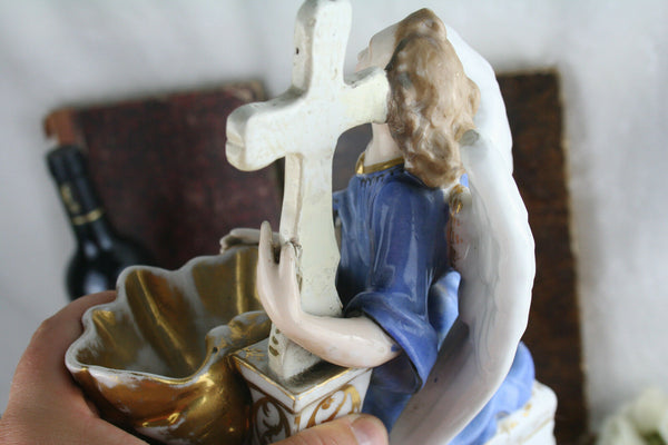 Antique French 1900 Vieux old paris porcelain angel holy water font rare unusual
